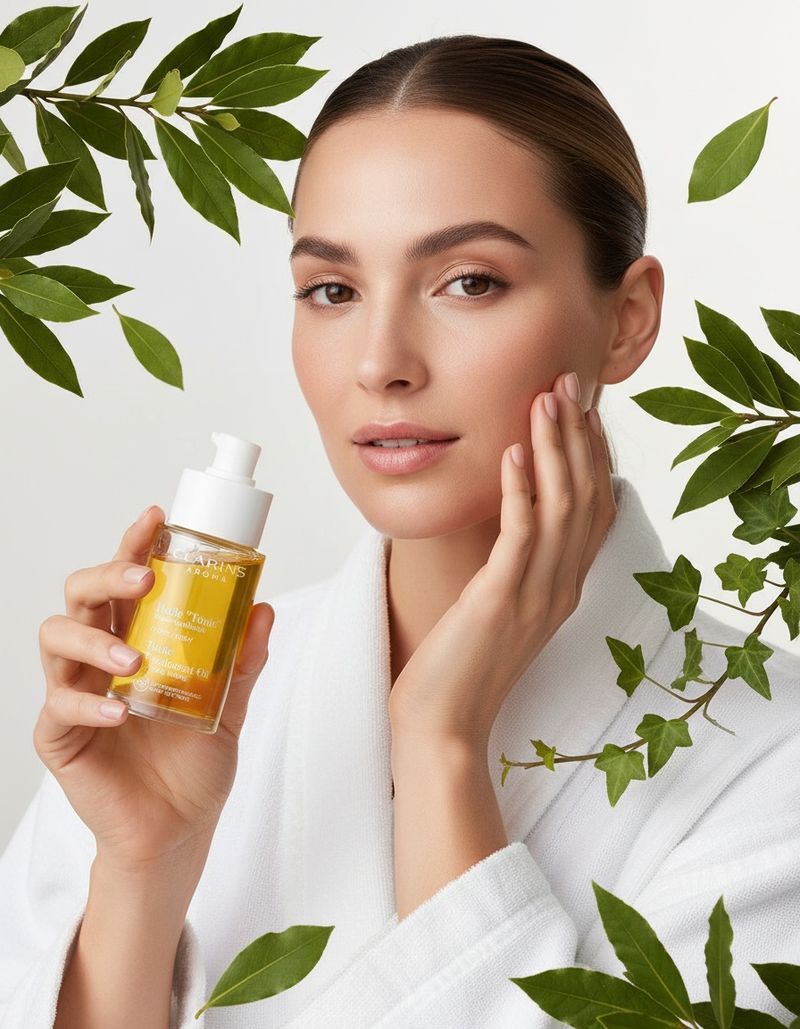 Clarins bakım yağını kullanan kadın
